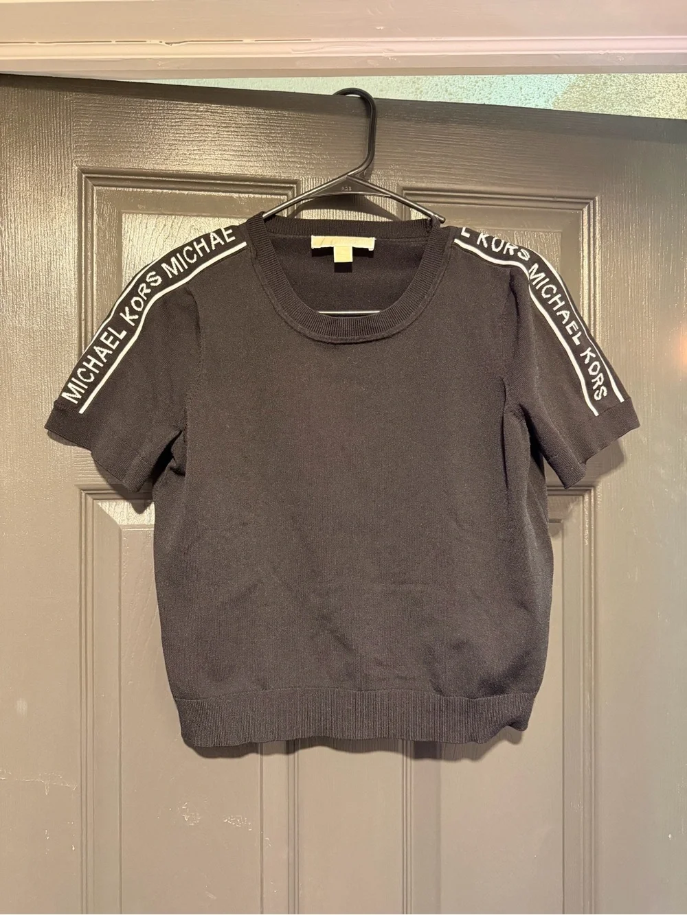 Michael Kors Black Short-Sleeve Crewneck Top with Logo Shoulder Tape